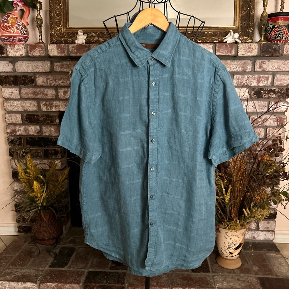 Perry Ellis 95% Linen Men’s  Casual Teal Short Sleeve Button Down Shirt Sz XL